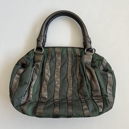 PRADA Hand Bag Tote Purse CRIMSON STRIPE Leather Black Green Authentic
