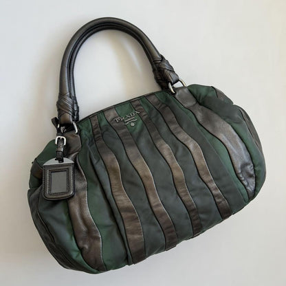 PRADA Hand Bag Tote Purse CRIMSON STRIPE Leather Black Green Authentic
