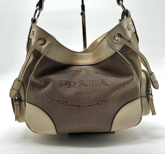 PRADA Shoulder Bag Purse Canapa Canvas Leather Authentic