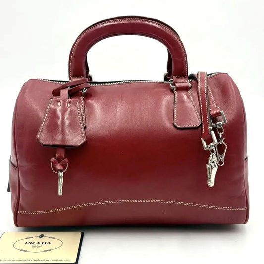 PRADA Hand Bag Tote Purse Mini Boston Bag 2way Leather Red Authentic