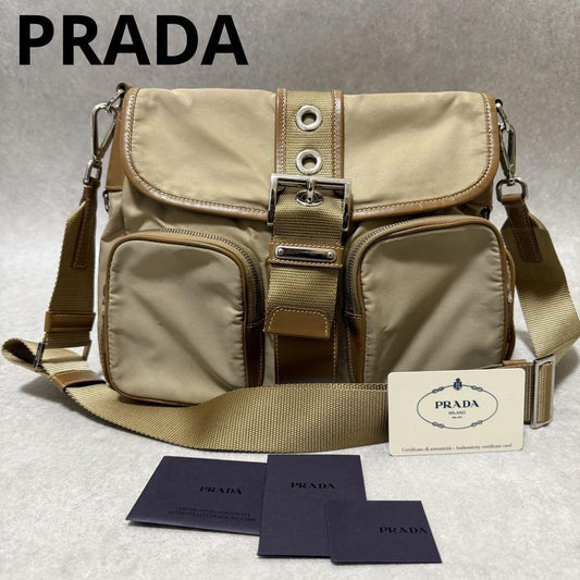 PRADA Shoulder Bag Purse Logo Nylon Leather Brown Khaki Authentic