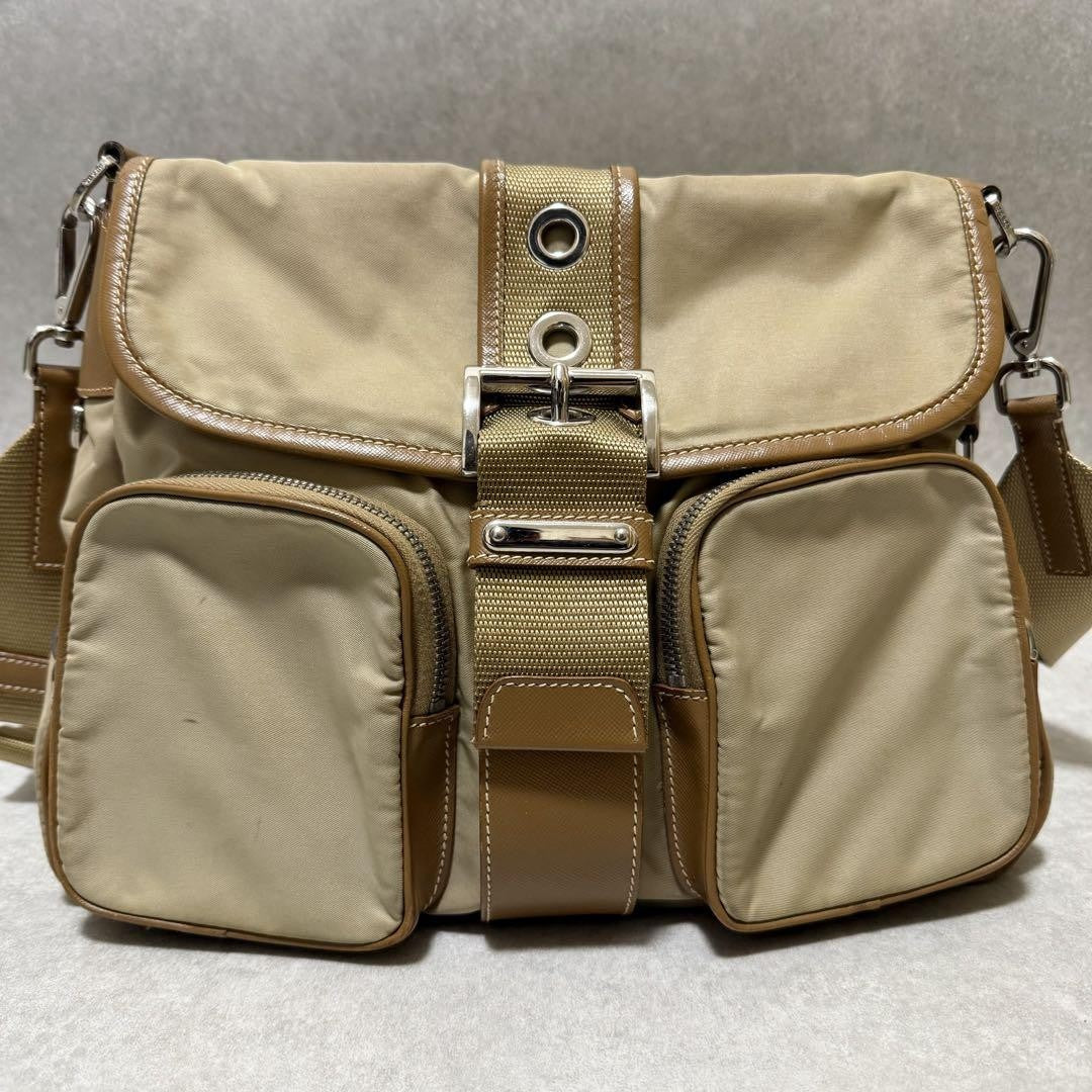 PRADA Shoulder Bag Purse Logo Nylon Leather Brown Khaki Authentic