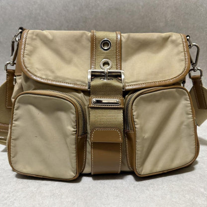 PRADA Shoulder Bag Purse Logo Nylon Leather Brown Khaki Authentic