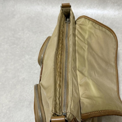 PRADA Shoulder Bag Purse Logo Nylon Leather Brown Khaki Authentic