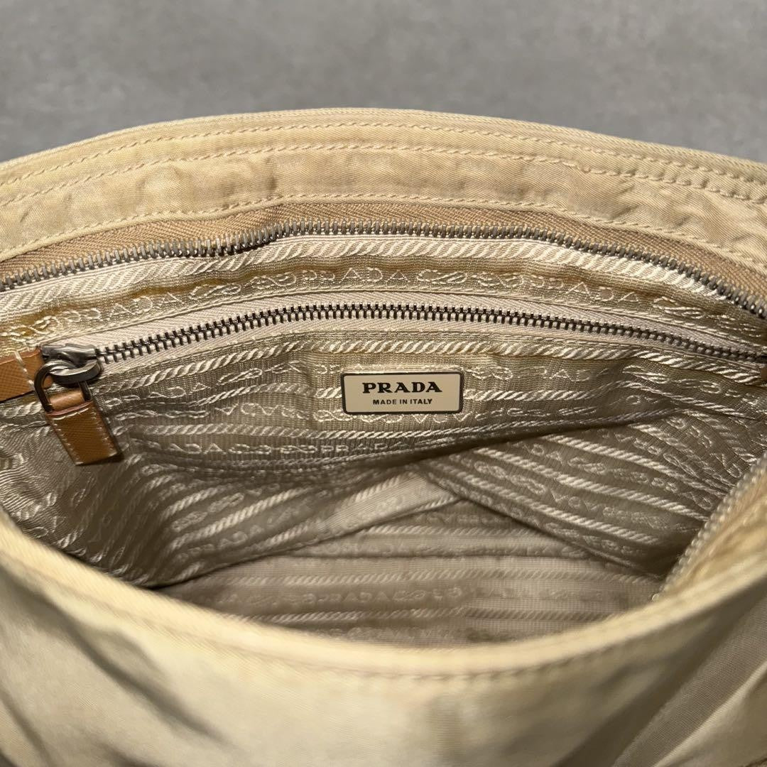 PRADA Shoulder Bag Purse Logo Nylon Leather Brown Khaki Authentic