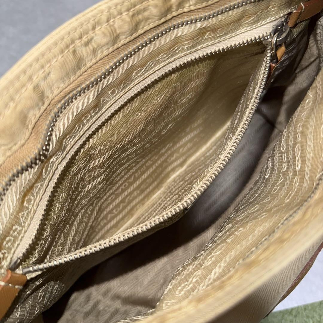 PRADA Shoulder Bag Purse Logo Nylon Leather Brown Khaki Authentic
