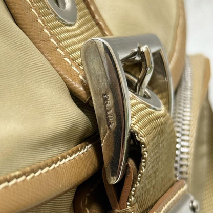 PRADA Shoulder Bag Purse Logo Nylon Leather Brown Khaki Authentic