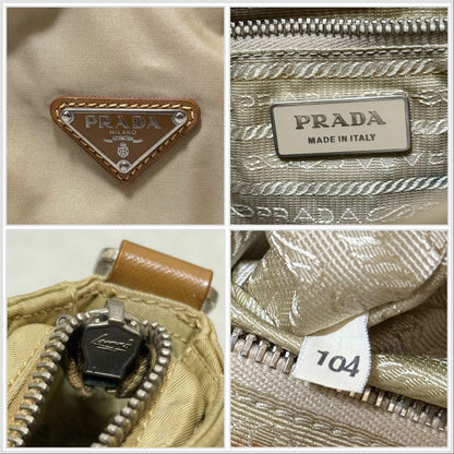 PRADA Shoulder Bag Purse Logo Nylon Leather Brown Khaki Authentic