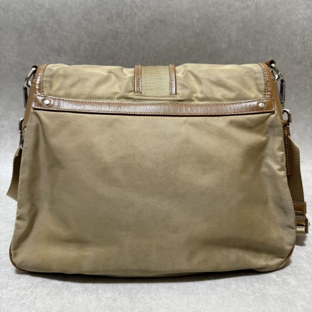 PRADA Shoulder Bag Purse Logo Nylon Leather Brown Khaki Authentic
