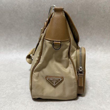 PRADA Shoulder Bag Purse Logo Nylon Leather Brown Khaki Authentic