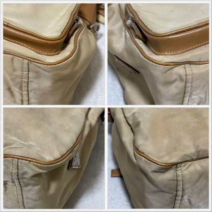 PRADA Shoulder Bag Purse Logo Nylon Leather Brown Khaki Authentic