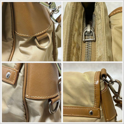PRADA Shoulder Bag Purse Logo Nylon Leather Brown Khaki Authentic