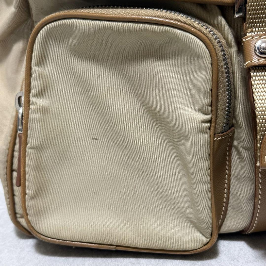 PRADA Shoulder Bag Purse Logo Nylon Leather Brown Khaki Authentic
