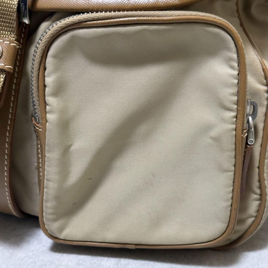 PRADA Shoulder Bag Purse Logo Nylon Leather Brown Khaki Authentic