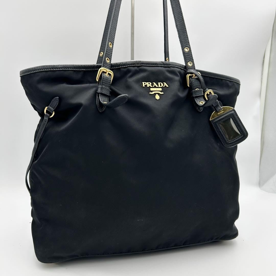 PRADA Hand Bag Tote Purse Nylon Leather Dark Navy Authentic