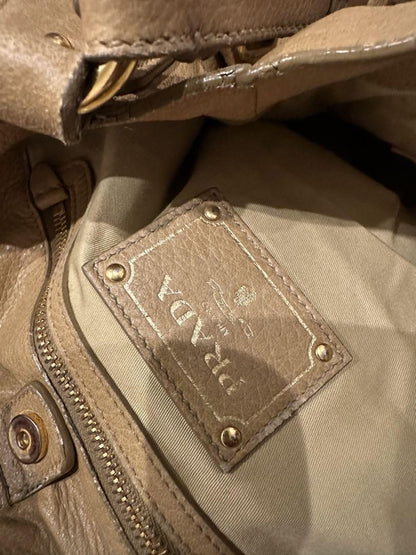 PRADA Shoulder Bag Purse Logo Nylon Patent Leather Khaki Dark Brown Authentic
