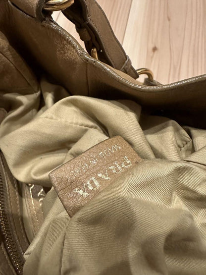 PRADA Shoulder Bag Purse Logo Nylon Patent Leather Khaki Dark Brown Authentic