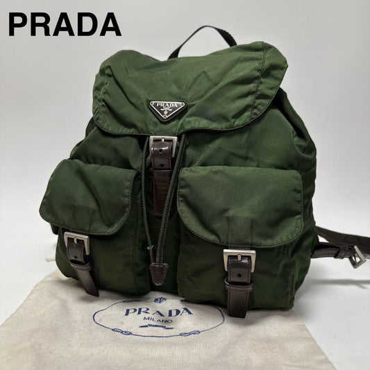 PRADA Backpack Logo Nylon Leather Khaki Green Authentic