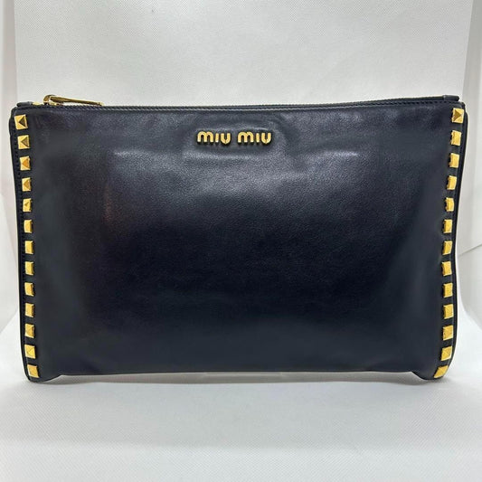 MIU MIU Clutch Bag Second Bag Logo Leather Black Authentic