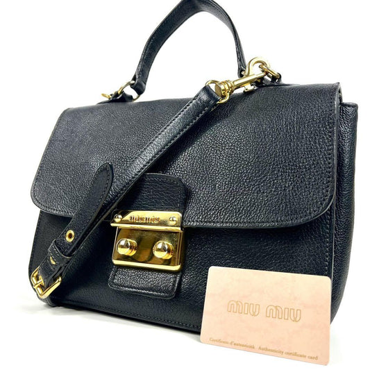 MIU MIU Hand Shoulder Bag Tote Purse 2way Logo Leather Black Authentic