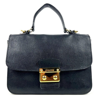 MIU MIU Hand Shoulder Bag Tote Purse 2way Logo Leather Black Authentic
