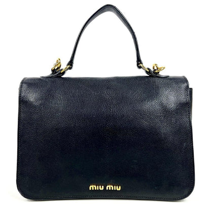 MIU MIU Hand Shoulder Bag Tote Purse 2way Logo Leather Black Authentic