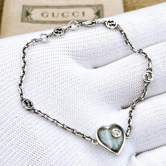 GUCCI Bracelet Bangle Interlocking G Heart Silver Ag925 Women Accessory Auth