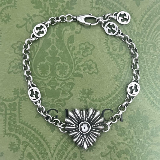 GUCCI Bracelet Bangle Heart Interlocking Silver Women Accessory Authentic