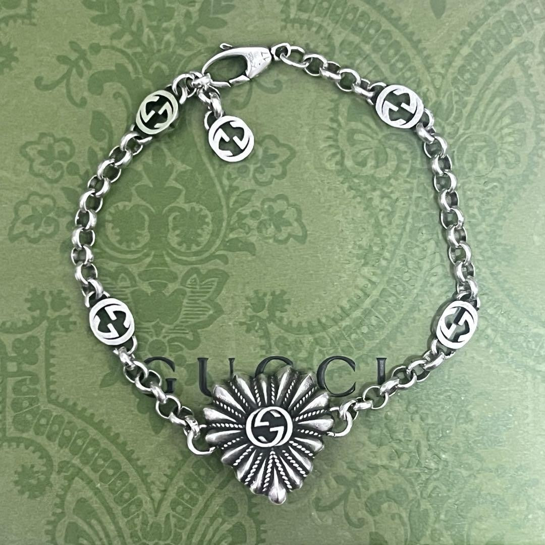 GUCCI Bracelet Bangle Heart Interlocking Silver Women Accessory Authentic