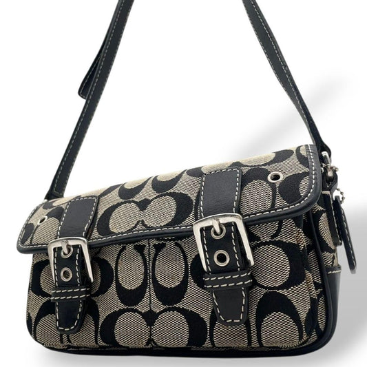 COACH Shoulder Bag Purse Signature Canvas Leather Black Authentic