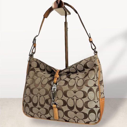 COACH Shoulder Bag Purse Hobo Canvas Leather Brown Camel Authentic