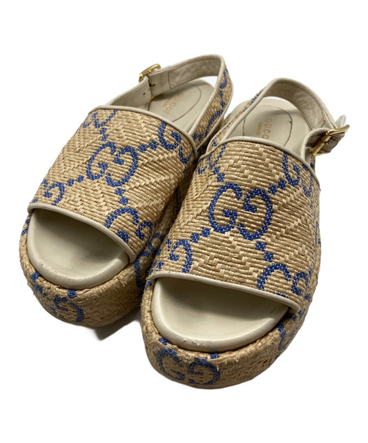 GUCCI Sandals Shoes GG Platform Raffia EU 36.5 US 6.5 Beige Authentic