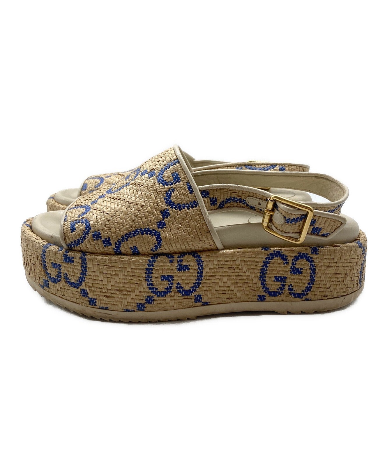 GUCCI Sandals Shoes GG Platform Raffia EU 36.5 US 6.5 Beige Authentic