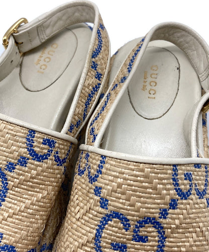 GUCCI Sandals Shoes GG Platform Raffia EU 36.5 US 6.5 Beige Authentic