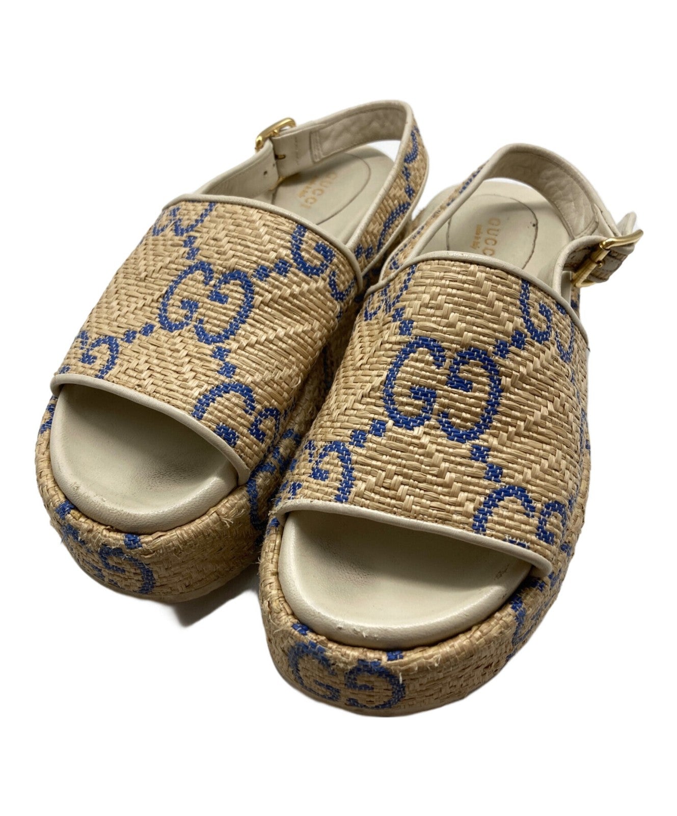GUCCI Sandals Shoes GG Platform Raffia EU 36.5 US 6.5 Beige Authentic