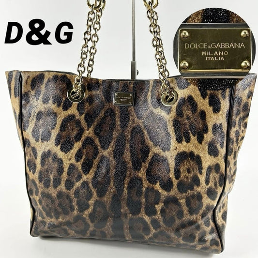 Dolce & Gabbana Hand Bag Tote Purse Leopard PVC Leather Brown Authentic