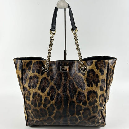 Dolce & Gabbana Hand Bag Tote Purse Leopard PVC Leather Brown Authentic