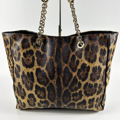 Dolce & Gabbana Hand Bag Tote Purse Leopard PVC Leather Brown Authentic