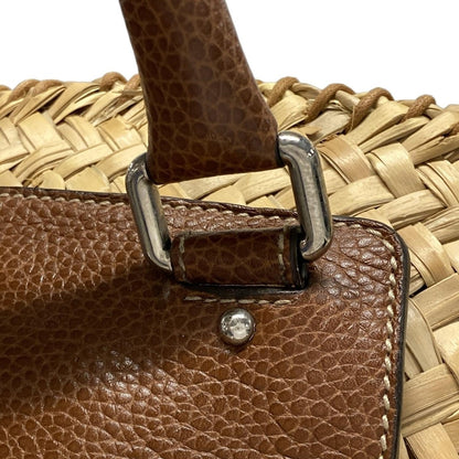 Dolce & Gabbana Hand Bag Tote Purse Leopard Straw Leather Beige Dark Brown Auth