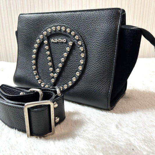 Valentino Shoulder Bag Purse Studs Leather Suede Black Authentic