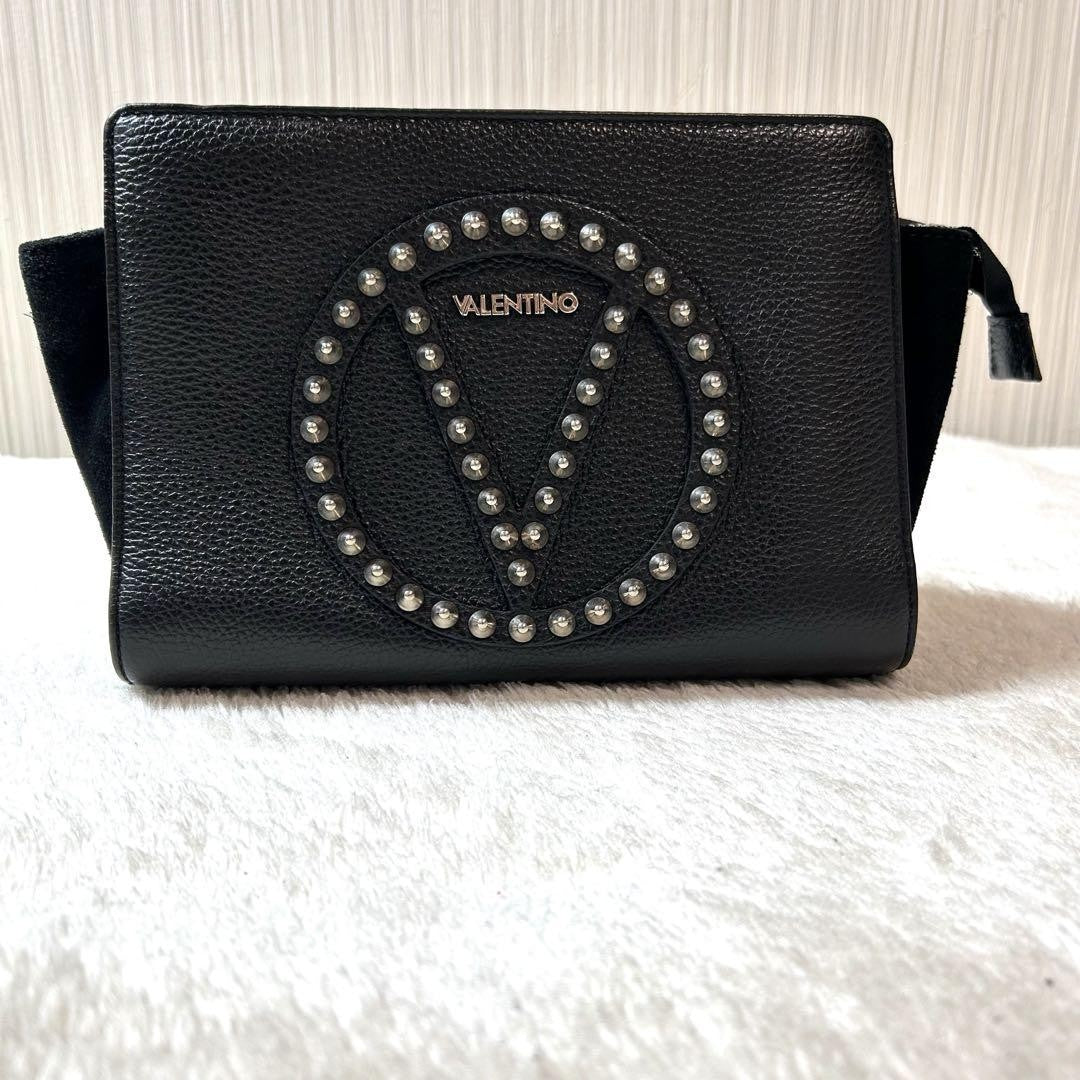 Valentino Shoulder Bag Purse Studs Leather Suede Black Authentic