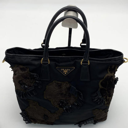 PRADA Hand Shoulder Bag Tote Purse 2way Logo Nylon Leather Black Authentic