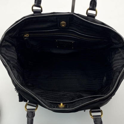 PRADA Hand Shoulder Bag Tote Purse 2way Logo Nylon Leather Black Authentic