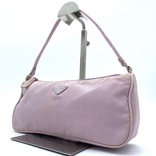 PRADA Accessory Pouch Hand Bag Tote Purse Logo Nylon Light Pink Purple Authentic
