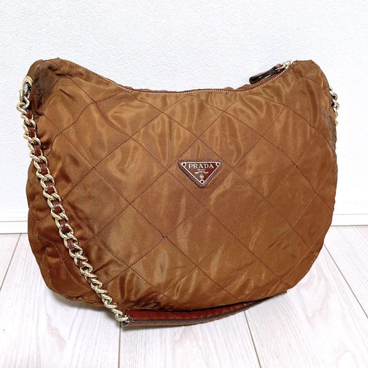 PRADA Hand Bag Tote Purse Logo Chain Nylon Authentic
