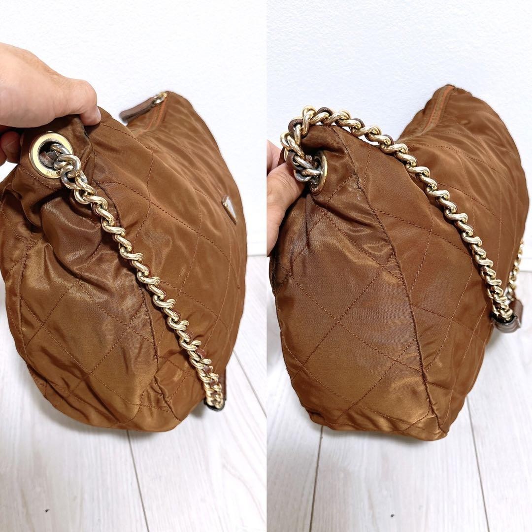 PRADA Hand Bag Tote Purse Logo Chain Nylon Authentic