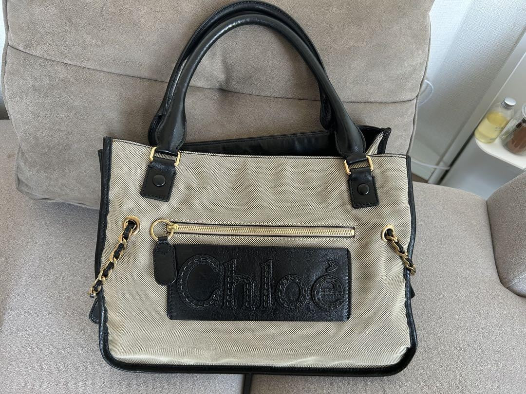 Chloe Hand Bag Tote Bag Canvas Leather Beige Black Authentic