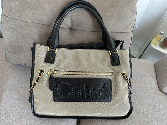 Chloe Hand Bag Tote Bag Canvas Leather Beige Black Authentic