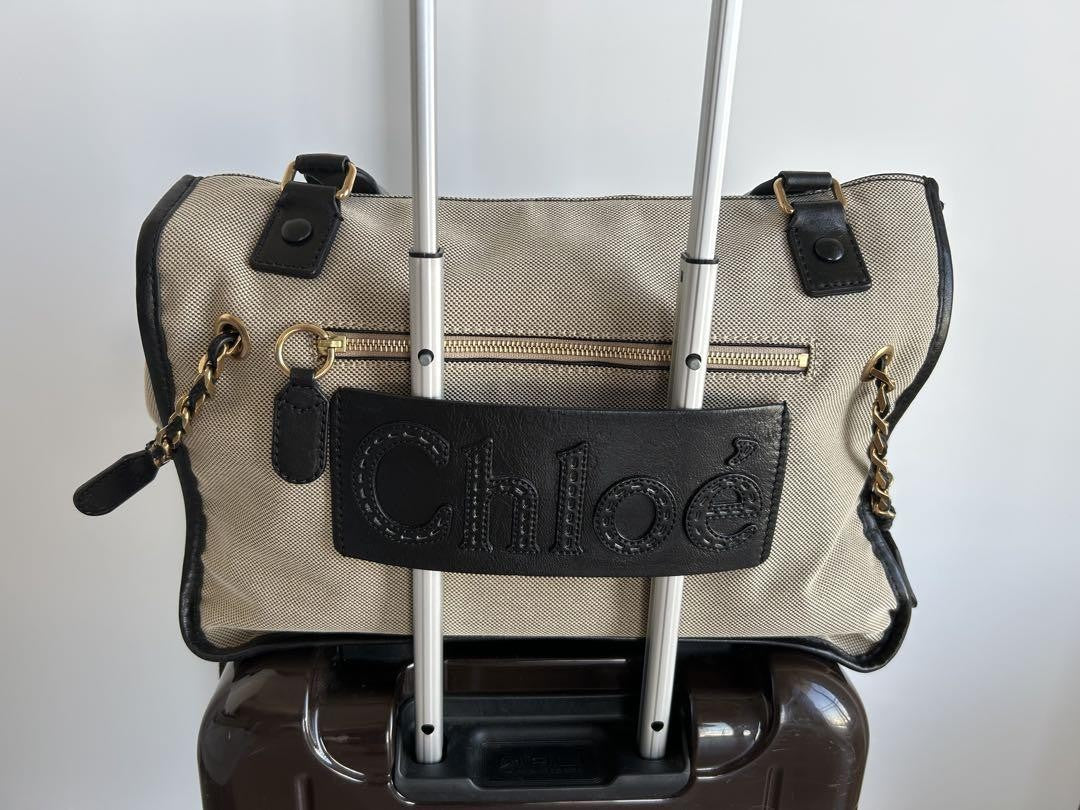 Chloe Hand Bag Tote Bag Canvas Leather Beige Black Authentic