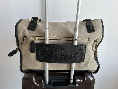 Chloe Hand Bag Tote Bag Canvas Leather Beige Black Authentic